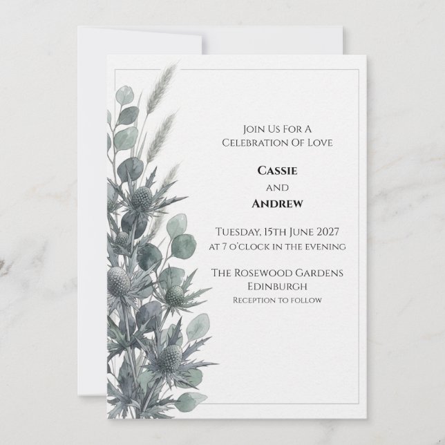 Faire-part de mariage au Eucalyptus Chardon Bleu (Devant)