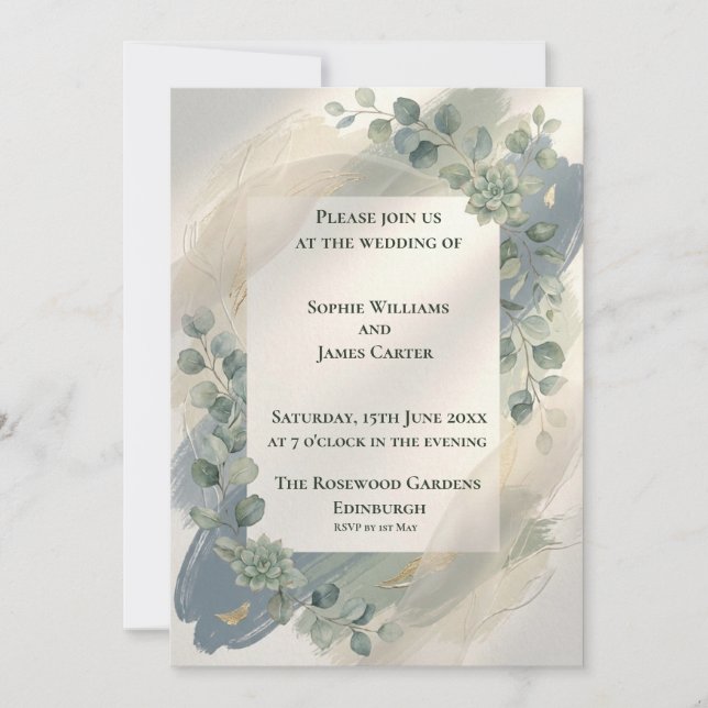 Faire-part de mariage au eucalyptus gris-bleu (Devant)