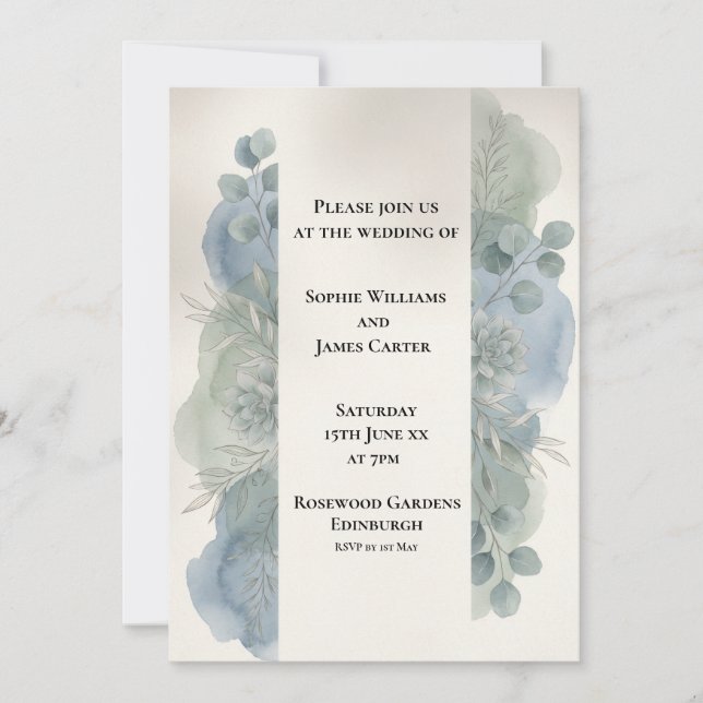 Faire-part de mariage au eucalyptus gris-bleu (Devant)