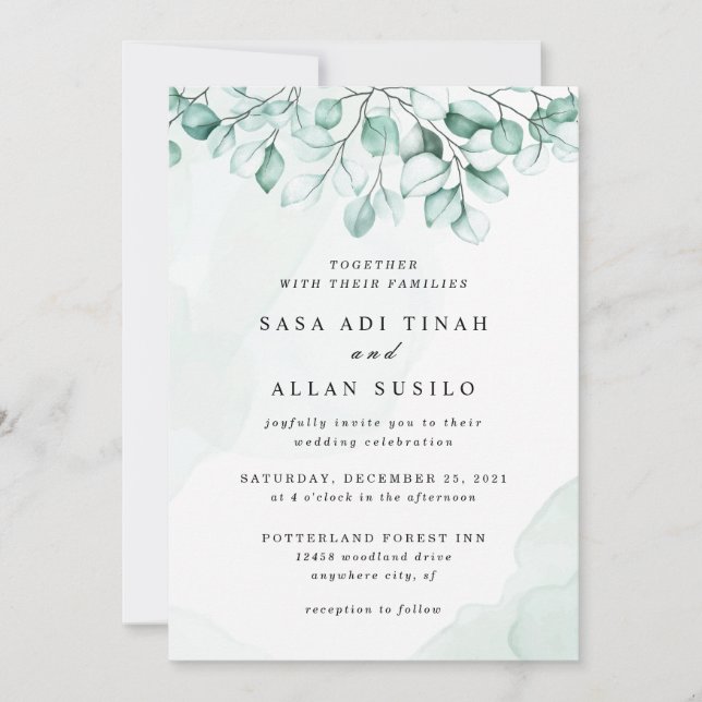 Faire-part de mariage au eucalyptus vert (Devant)
