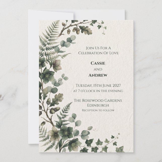 Faire-part de mariage au eucalyptus vert foncé (Devant)