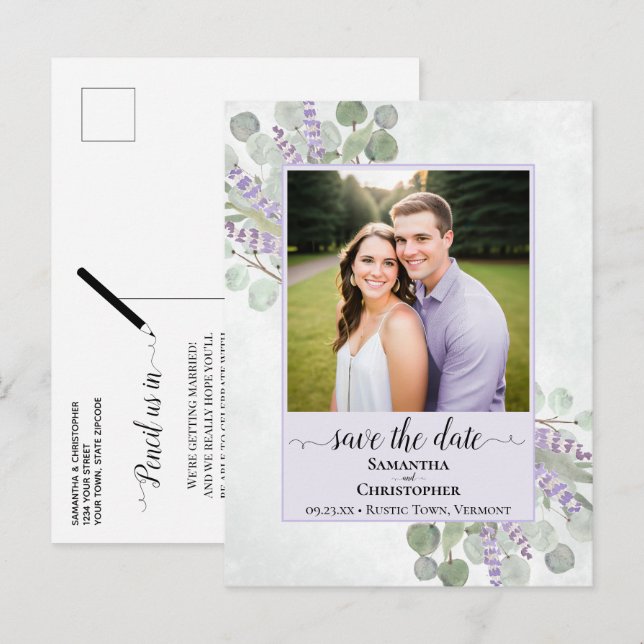 Faire-part de mariage au eucalyptus violet Enregis (Devant / Derrière)