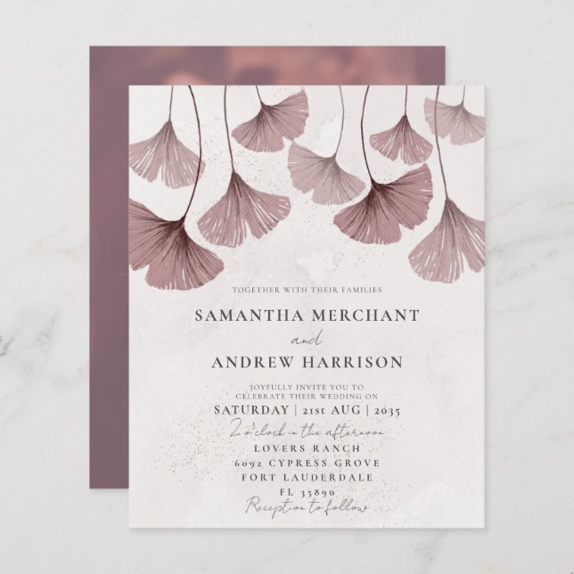 Faire-part de mariage au ginkgo à l'aquarelle rose (Devant / Derrière)