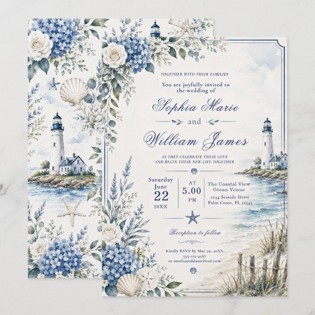 Faire-part de mariage au phare côtier (Devant / Derrière)
