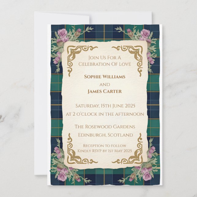 Faire-part de mariage au tartan celtique du chardo (Devant)