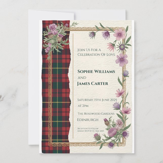 Faire-part de mariage au tartan celtique du chardo (Devant)