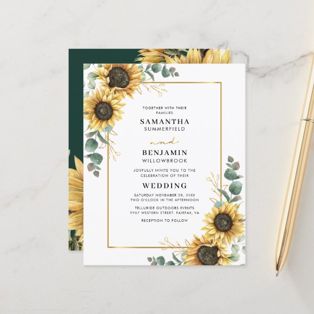 Faire-part de mariage au tournesol et eucalyptus a (Devant/Arrière en situation)