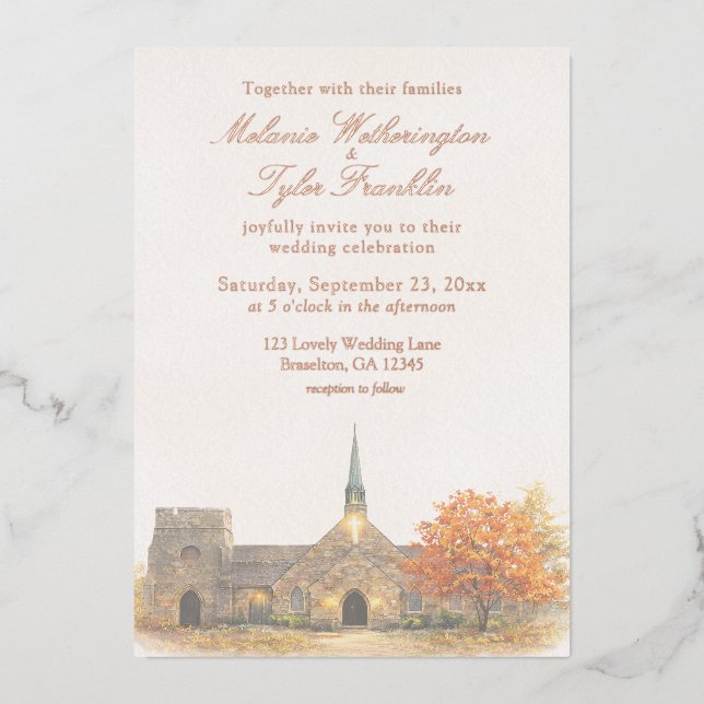 Faire-part de mariage automnal à la chapelle en pi (Recto)