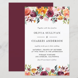 Faire-part de mariage automnal aux fleurs en aquar