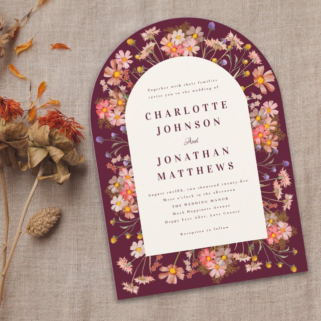 Faire-part de mariage automnal avec arche florale  (Burgundy boho rustic floral arch fall wedding invitation Elegant modern typography watercolor flower)