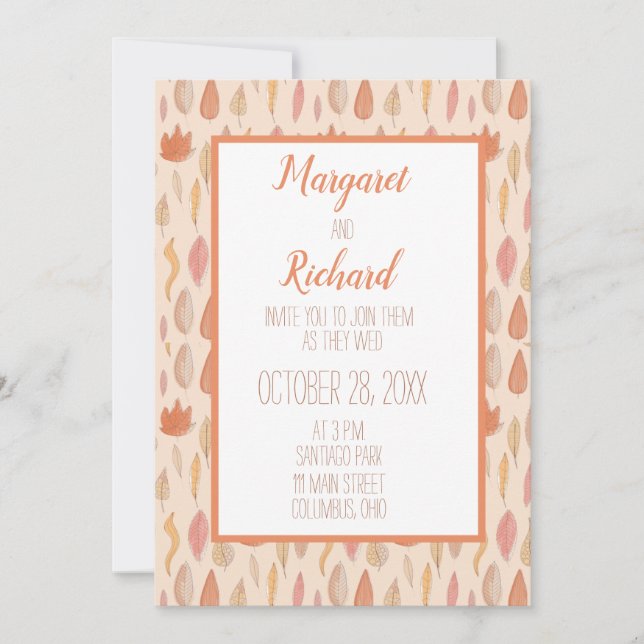 Faire-part de mariage automnal avec feuilles morte (Devant)