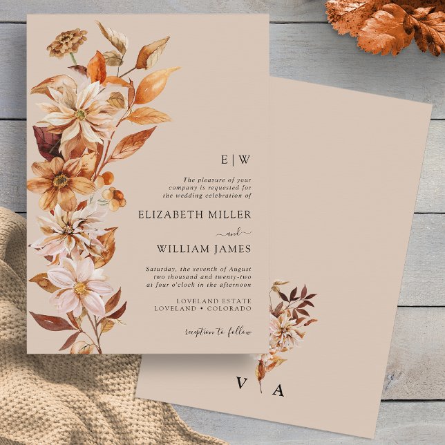 Faire-part de mariage automnal avec monogramme (Monogram Fall Floral Taupe Wedding Invitation by Painted Paperie
)