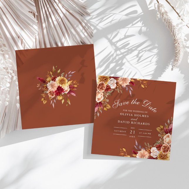 Faire-part de mariage automnal en terre cuite (Modern Burnt Orange Terracotta Wildflowers Wedding Save The Date on a sunny white table.)