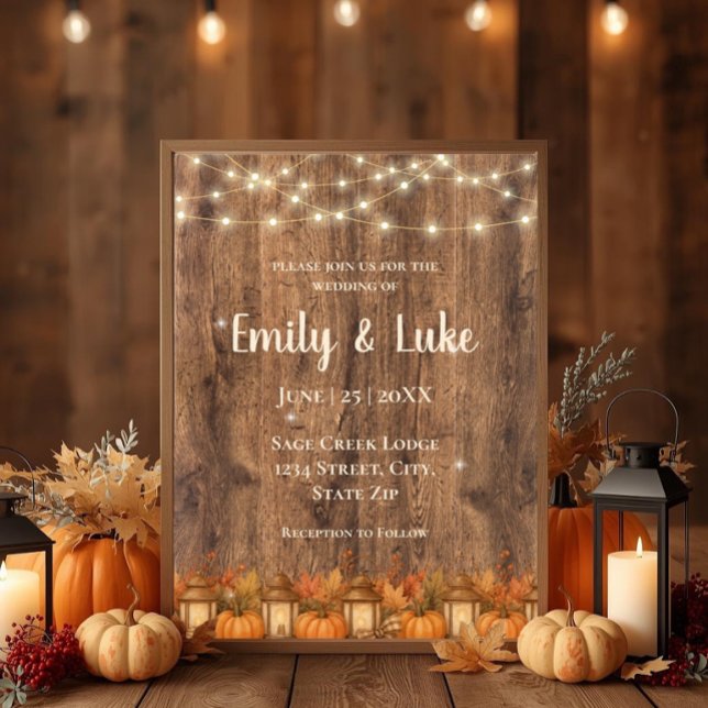Faire-part de mariage automnal rustique avec guirl (Rustic fall wedding invitation with string lights, pumpkins, lanterns, and cozy barn charm.)