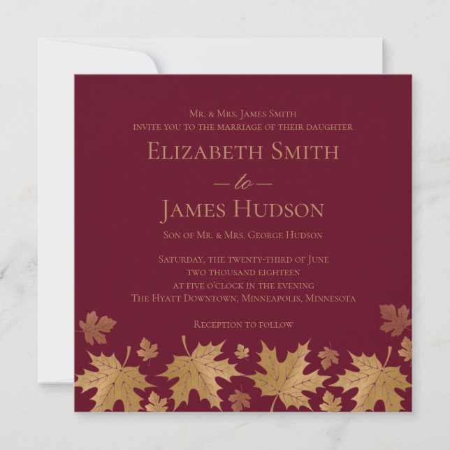 Faire-part de mariage automne Or et Bourgogne (Devant)