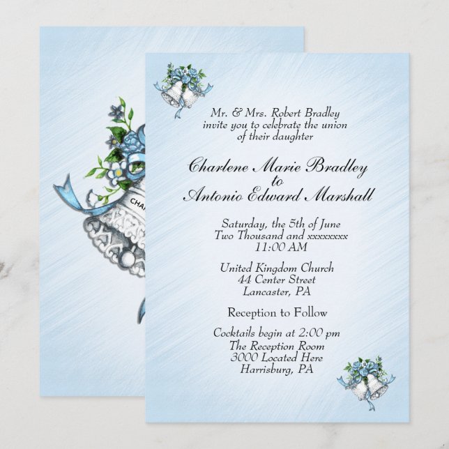 Faire-part de mariage aux cloches bleues (Devant / Derrière)