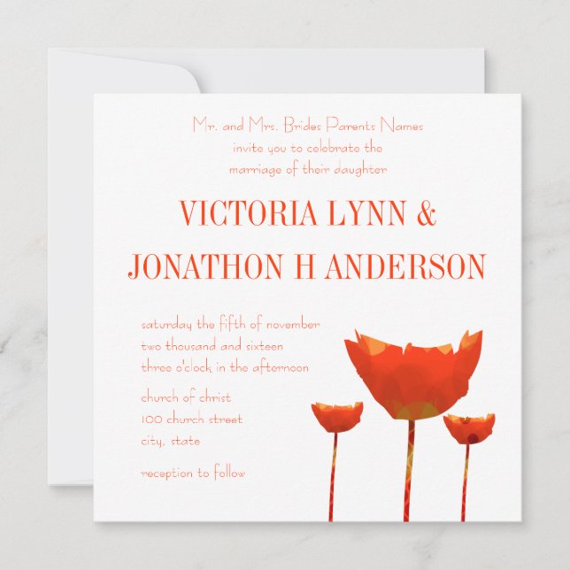 Faire-part de mariage aux coquelicots orange moder (Devant)