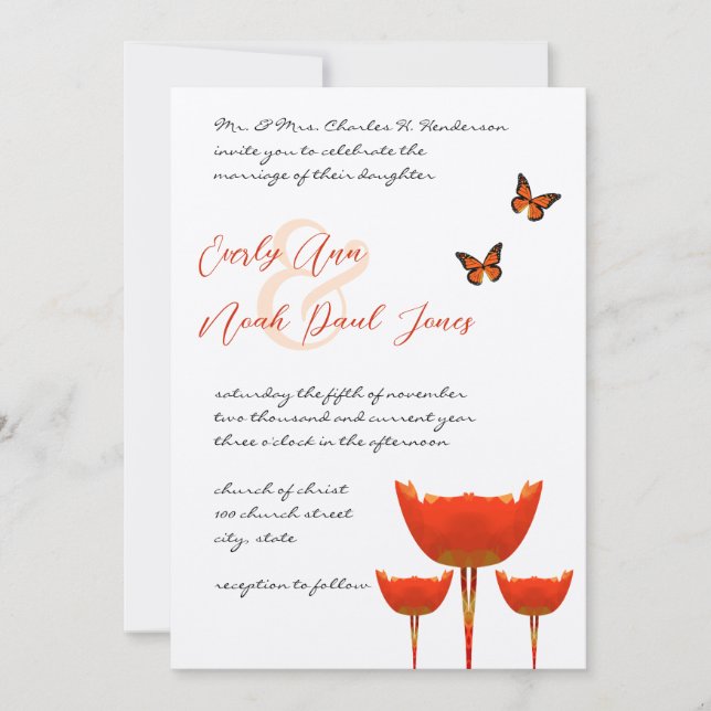 Faire-part de mariage aux coquelicots orange prune (Devant)
