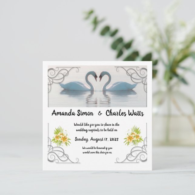 Faire-part de mariage aux cygnes blancs (Debout devant)