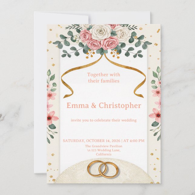 Faire-part de mariage aux élégantes roses roses (Devant)