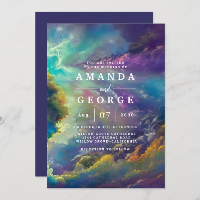 Faire-part de mariage aux fabuleux nuages violets (Devant / Derrière)