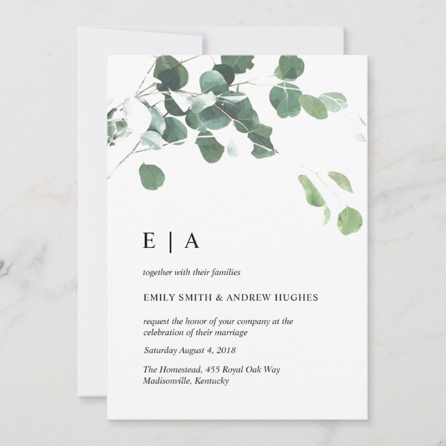 Faire-part de mariage aux feuilles aquarelle (Devant)