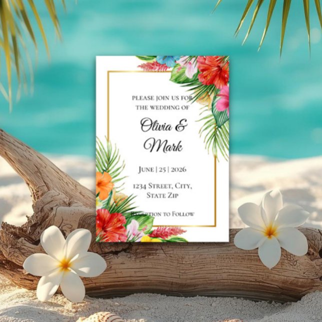 Faire-part de mariage aux feuilles de palmier trop (Elegant tropical palm leaf wedding invitation for beach, destination, coastal, and summer weddings.)