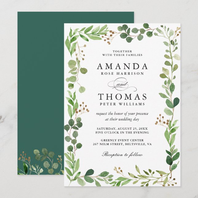 Faire-part de mariage aux feuilles vertes d'eucaly (Devant / Derrière)
