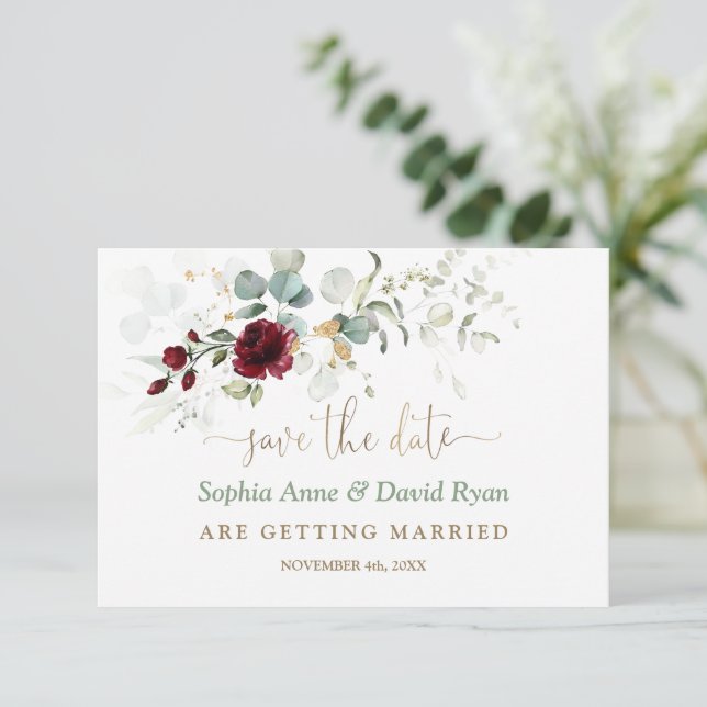 Faire-part de mariage aux fleurs de Bourgogne aqua (Debout devant)
