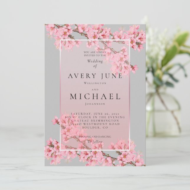 Faire-part de mariage aux fleurs de cerisier rose  (Debout devant)
