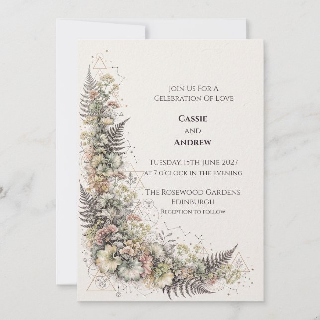 Faire-part de mariage aux fleurs de pastel et foug (Devant)