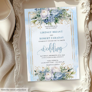 Faire-part de mariage aux fleurs d'or bleu pastel 