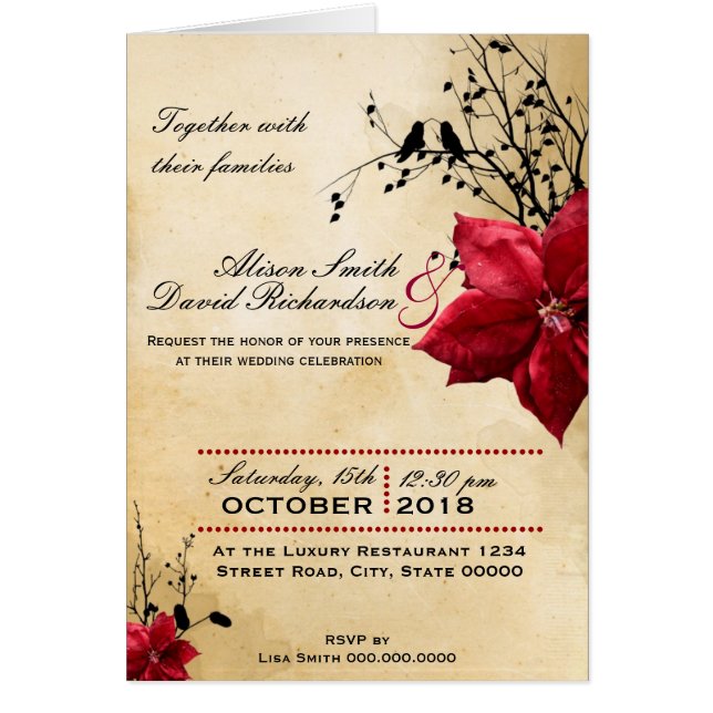 Faire-part de mariage aux fleurs rouges (Devant)