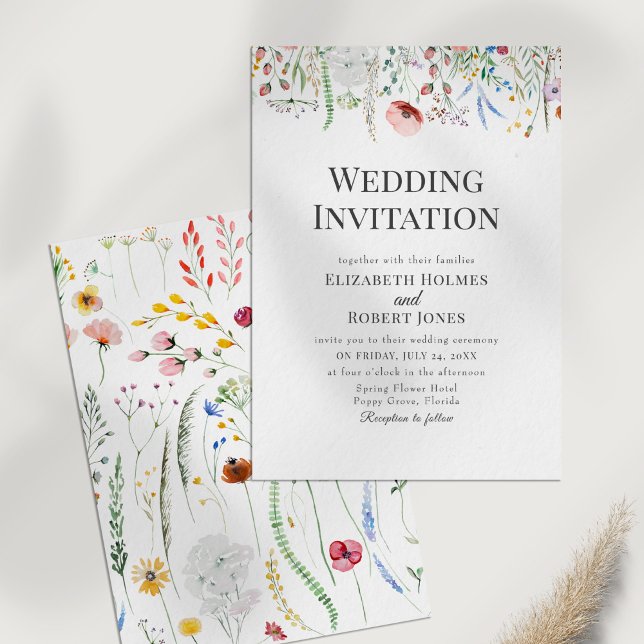 Faire-part de mariage aux fleurs sauvages à l'aqua (Bohemian Watercolor Wildflower Wedding Invite on a white table.)