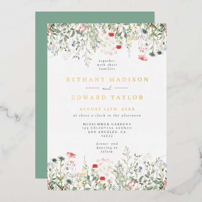 Faire-part de mariage aux fleurs sauvages avec feu (Recto/Verso)