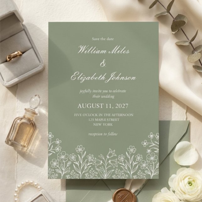 Faire-part de mariage aux fleurs sauvages vert sau (Créateur téléchargé)