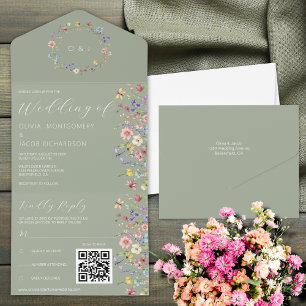 Faire-part de mariage aux fleurs sauvages vert sau