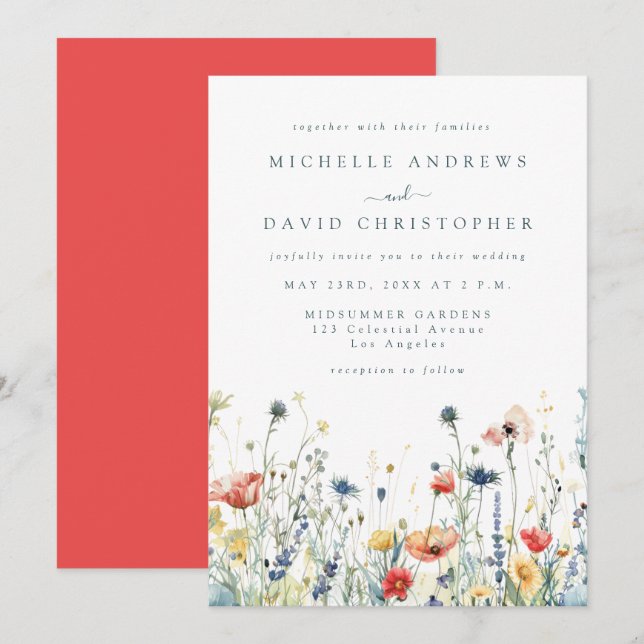 Faire-part de mariage aux fleurs sauvages vibrante (Devant / Derrière)
