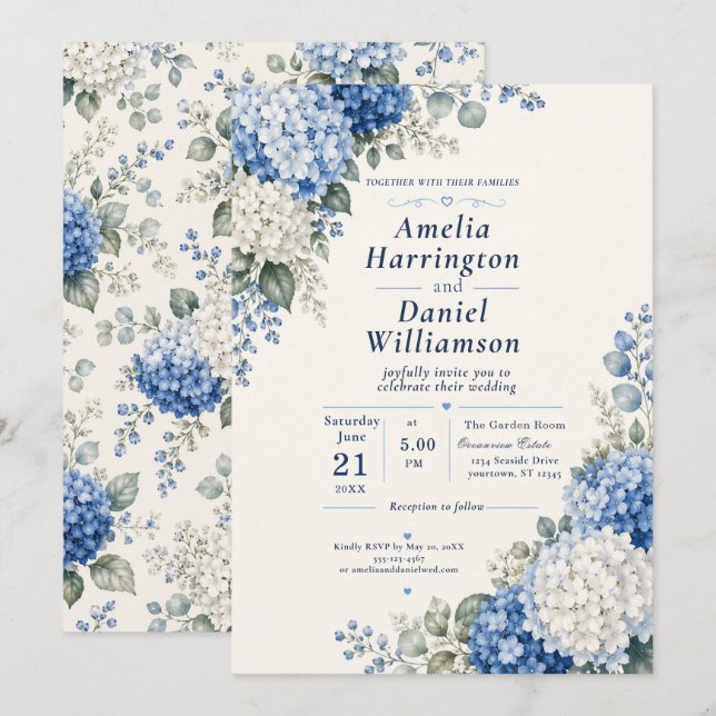 Faire-part de mariage aux hortensias bleus (Devant / Derrière)