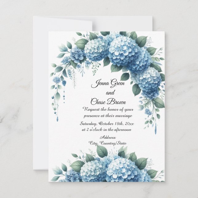 Faire-part de mariage aux hortensias bleus poussié (Devant)