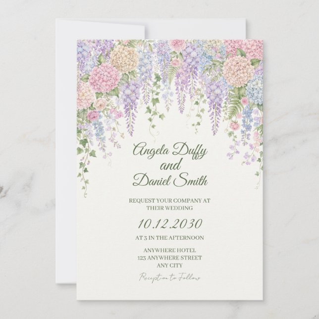 Faire-part de mariage aux hortensias pastel (Devant)