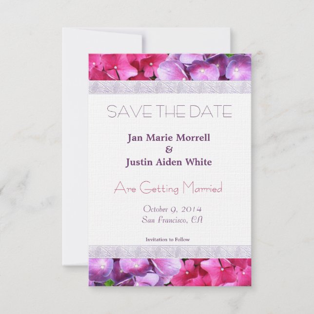 Faire-part de mariage aux hortensias roses et viol (Devant)