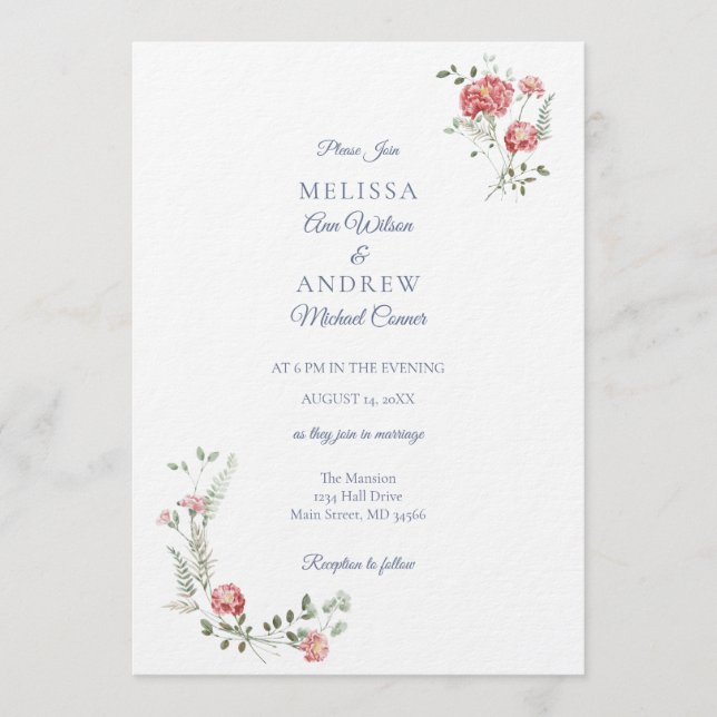 Faire-part de mariage aux oeillets et bleu (Devant)