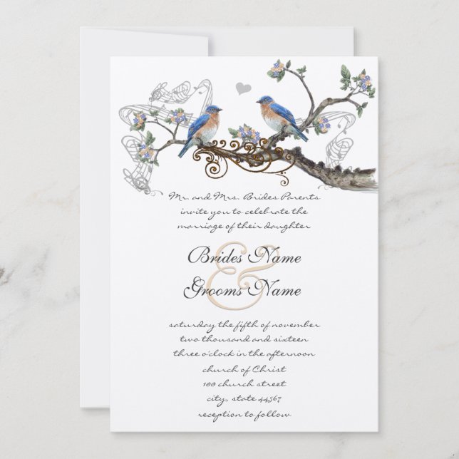 Faire-part de mariage aux oiseaux bleus vintage (Devant)