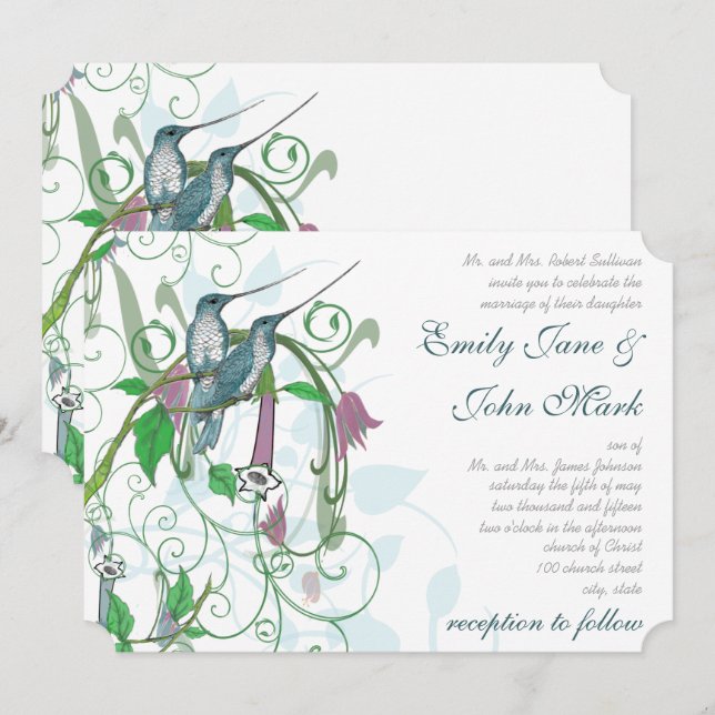 Faire-part de mariage aux oiseaux-mouches fantaisi (Devant / Derrière)