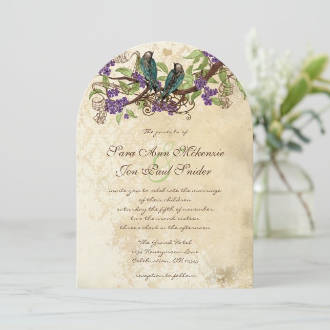 Faire-part de mariage aux oiseaux vintage fleurs v (Debout devant)