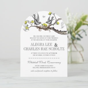 Faire-part de mariage aux oiseaux vintage jaune et