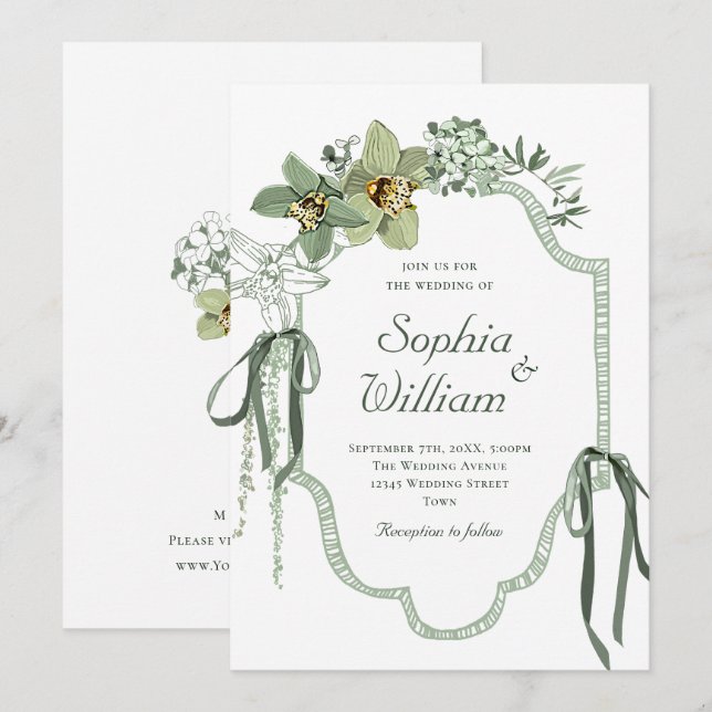 Faire-part de mariage aux orchidées vert sauge pei (Devant / Derrière)