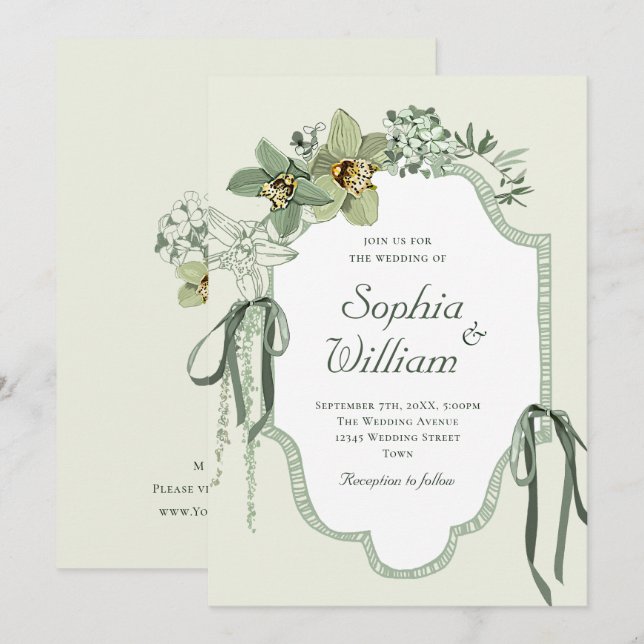 Faire-part de mariage aux orchidées vert sauge pei (Devant / Derrière)