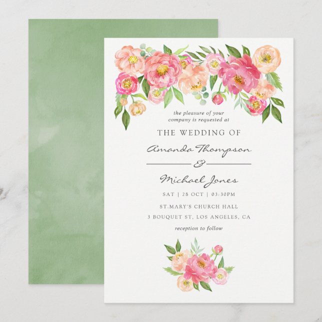 Faire-part de mariage aux pivoines aquarelles de p (Devant / Derrière)